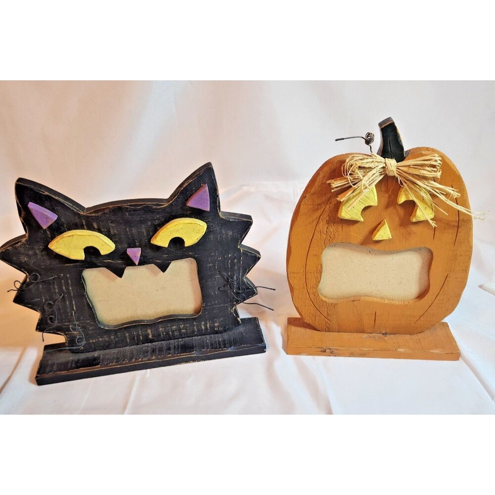 Set of 2 Rustic Wooden Halloween Photo Frames Black Cat Pumpkin Primitive Decor